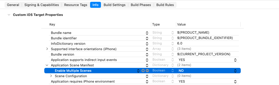 Xcode plist editor for
UIApplicationSceneManifest
