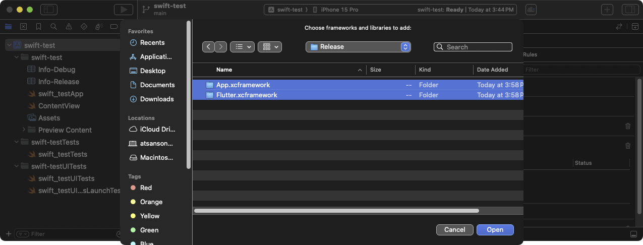 Choose frameworks to link from the **Choose frameworks and libraries to add:** dialog box in Xcode