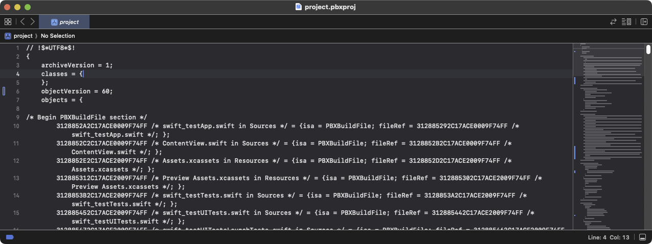 The `project-pbxproj` file open in the Xcode text editor