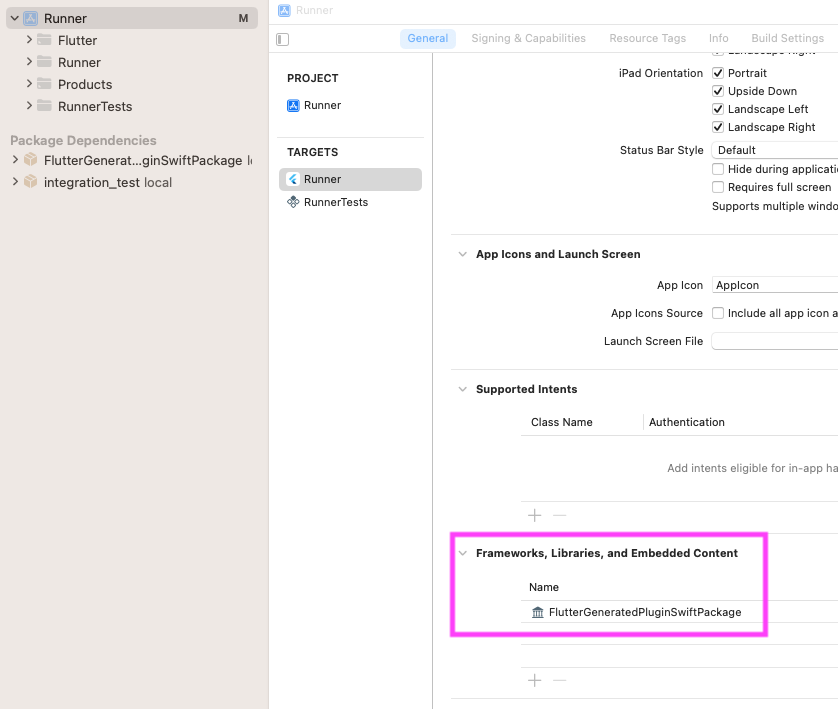 Ensure that `FlutterGeneratedPluginSwiftPackage` was added to **Frameworks, Libraries, and Embedded Content**