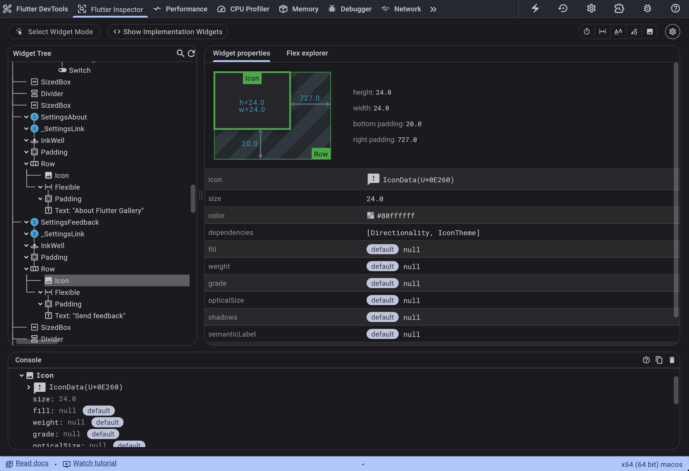 Screenshot of the Flutter inspector window
