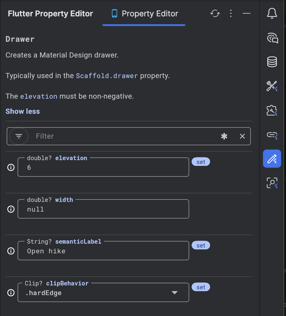 Flutter Property Editor side panel in Android Studio/IntelliJ
