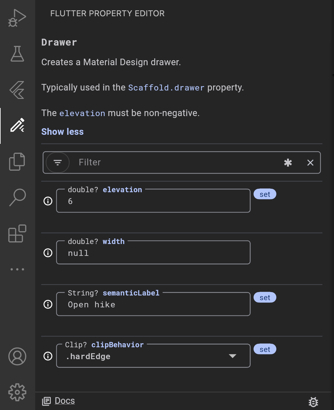 Flutter Property Editor side panel in VS Code