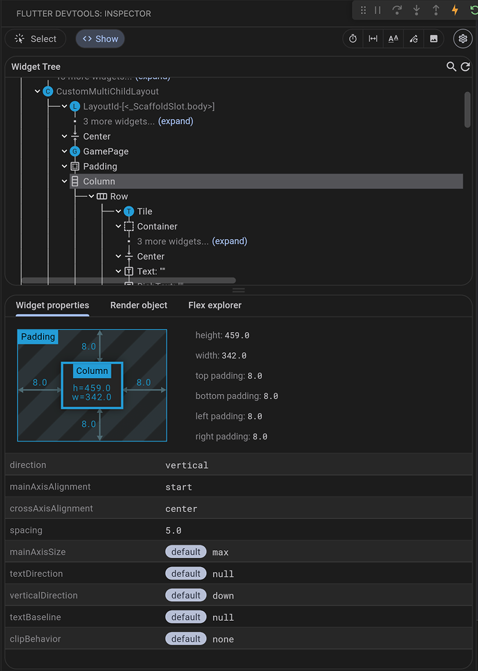 A screenshot of the Flutter widget inspector tool.