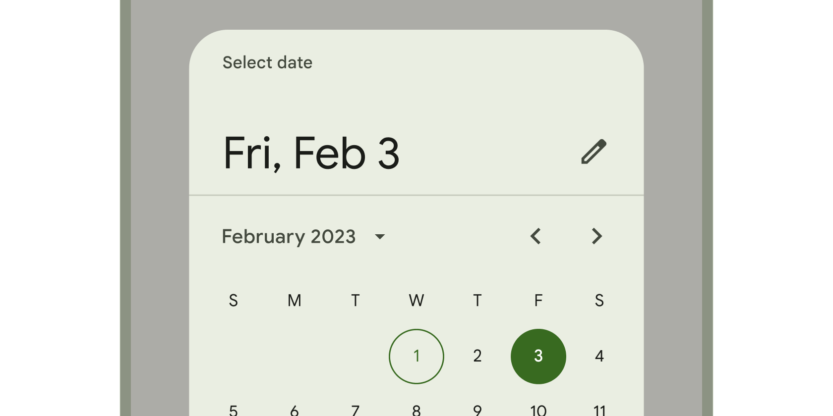Rendered example of the DatePicker Material widget.