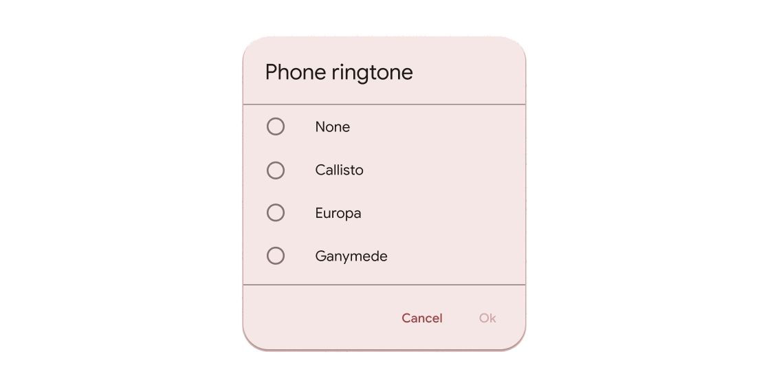 Rendered example of the AlertDialog Material widget.